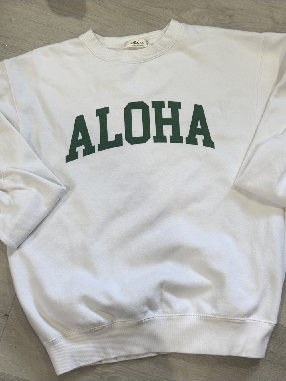 mahina White Sweatshirt with Green "ALOHA" Print